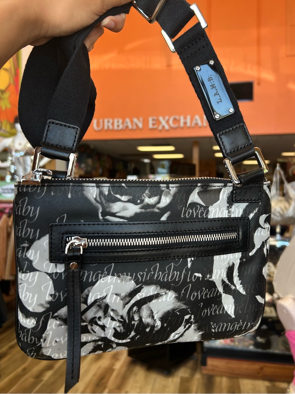 L.A.M.B Black Floral/Calligraphy Crossbody Bag